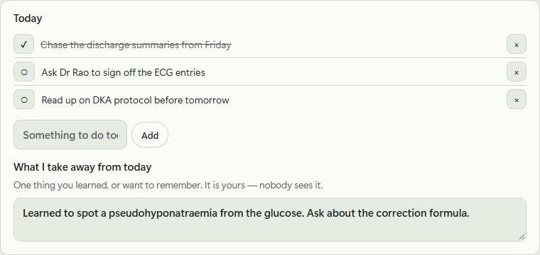 The day panel with three tasks and a takeaway note