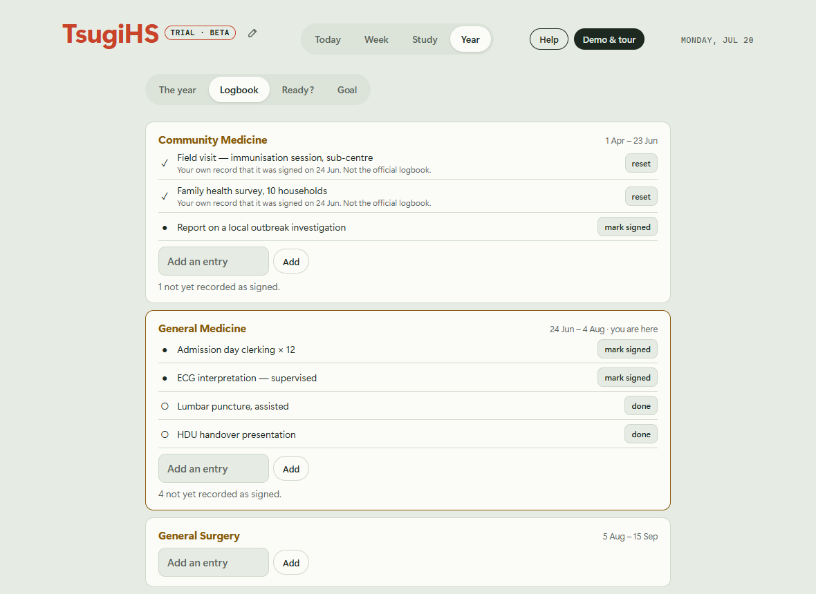 The logbook with entries under each posting