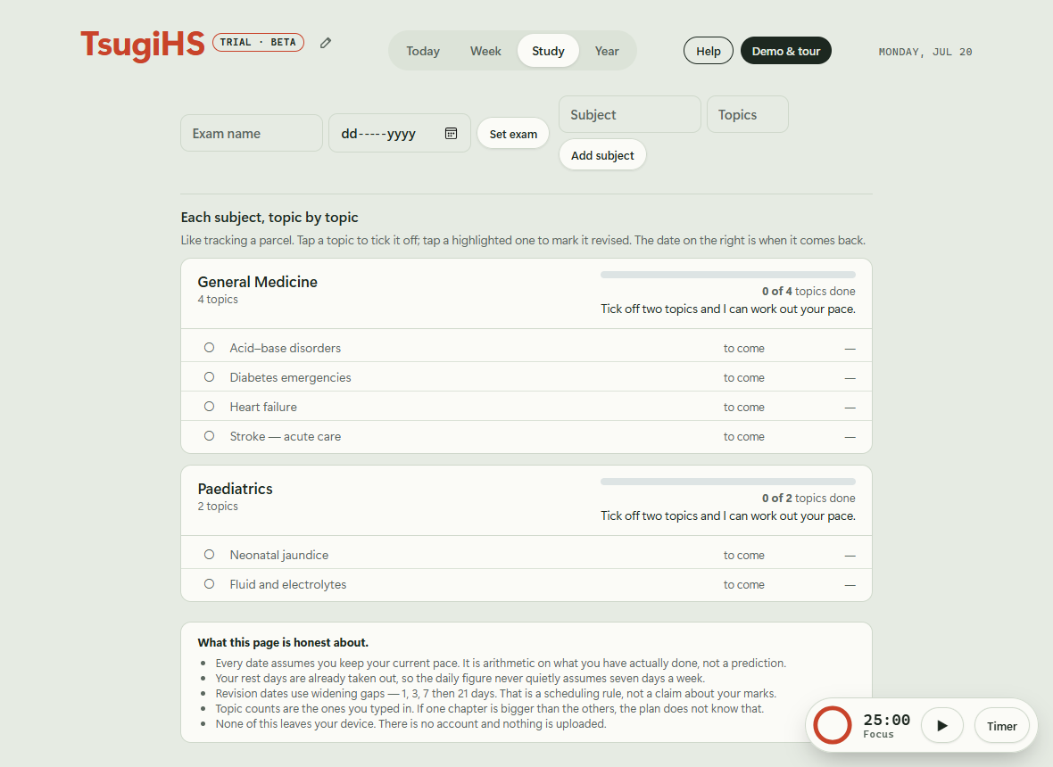 The study tab with subjects, topics and revision dates
